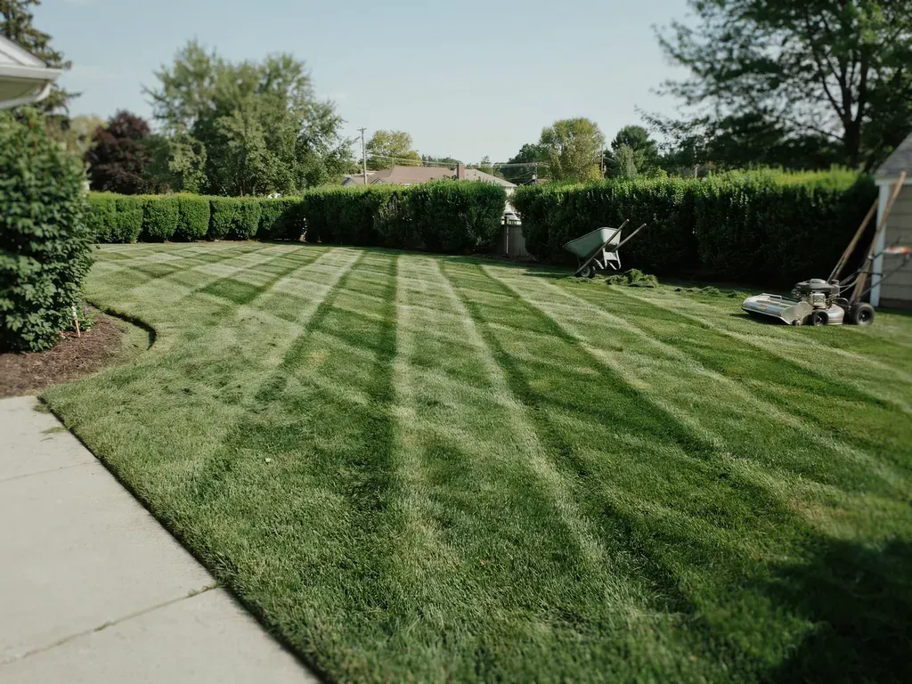 Backyard lawn with diagonal mowing stripes, patio, hedges, and trees on a sunny day