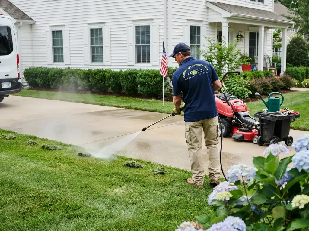 Worker pressure-washing a driveway beside a white house, with lawn equipment and an American flag nearby
