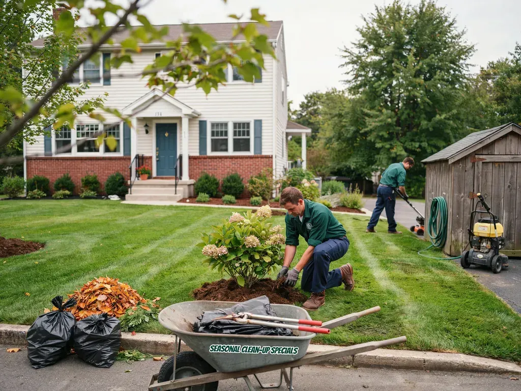 People landscaping a suburban yard, raking leaves and moving debris beside a white house.