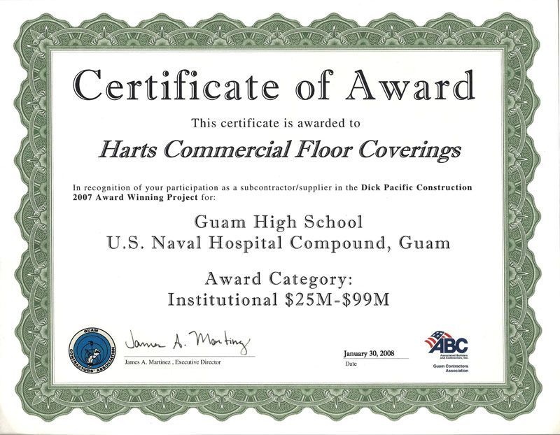 A certificate of award for harts commercial floor coverings