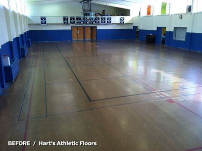 An empty gym with hart 's athletic floors written on the bottom