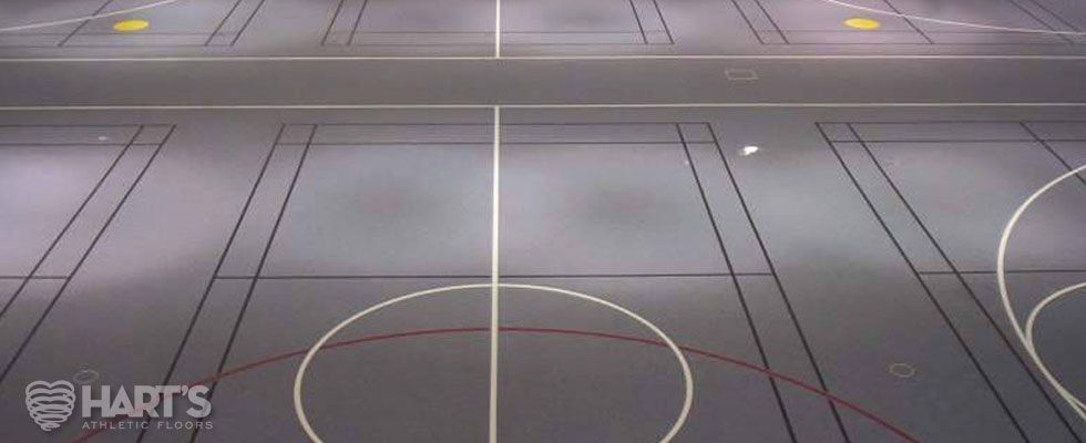 A basketball court, on a Hart's Athletic installed floor.