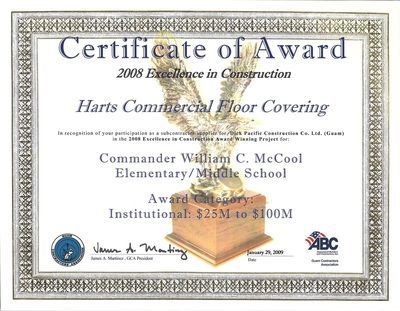 A certificate of award for harts commercial floor covering