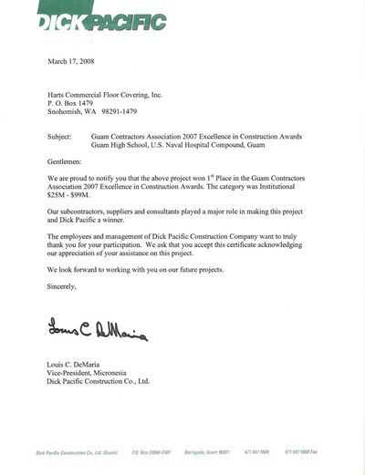 Letter of Recommendation for Hart's Athletic Flooring