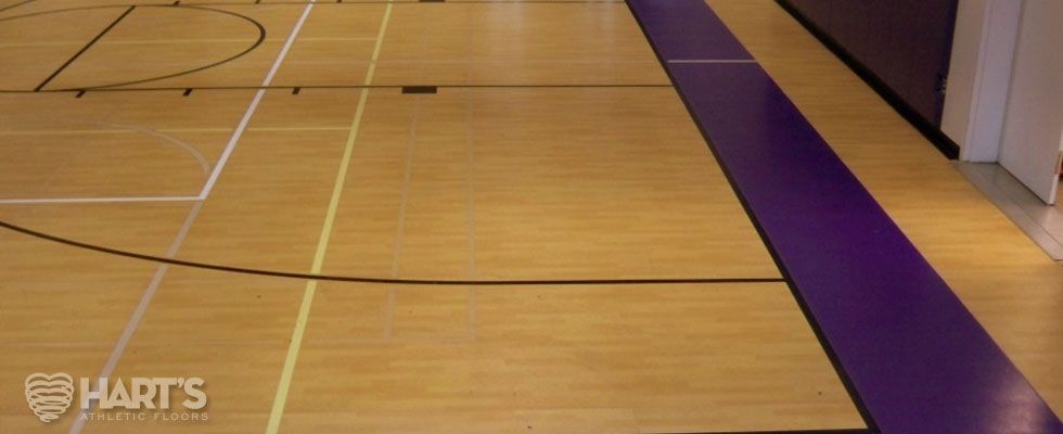 A basketball court with a purple line on the side, on a Hart's Athletic installed floor.