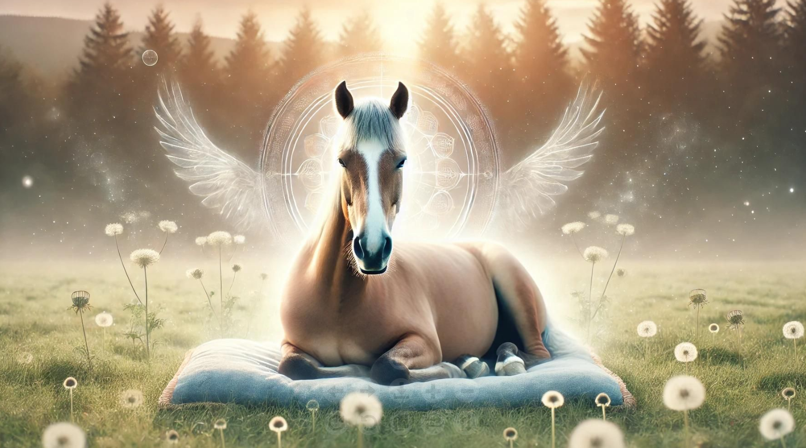 A horse with wings is laying on a pillow in a field.