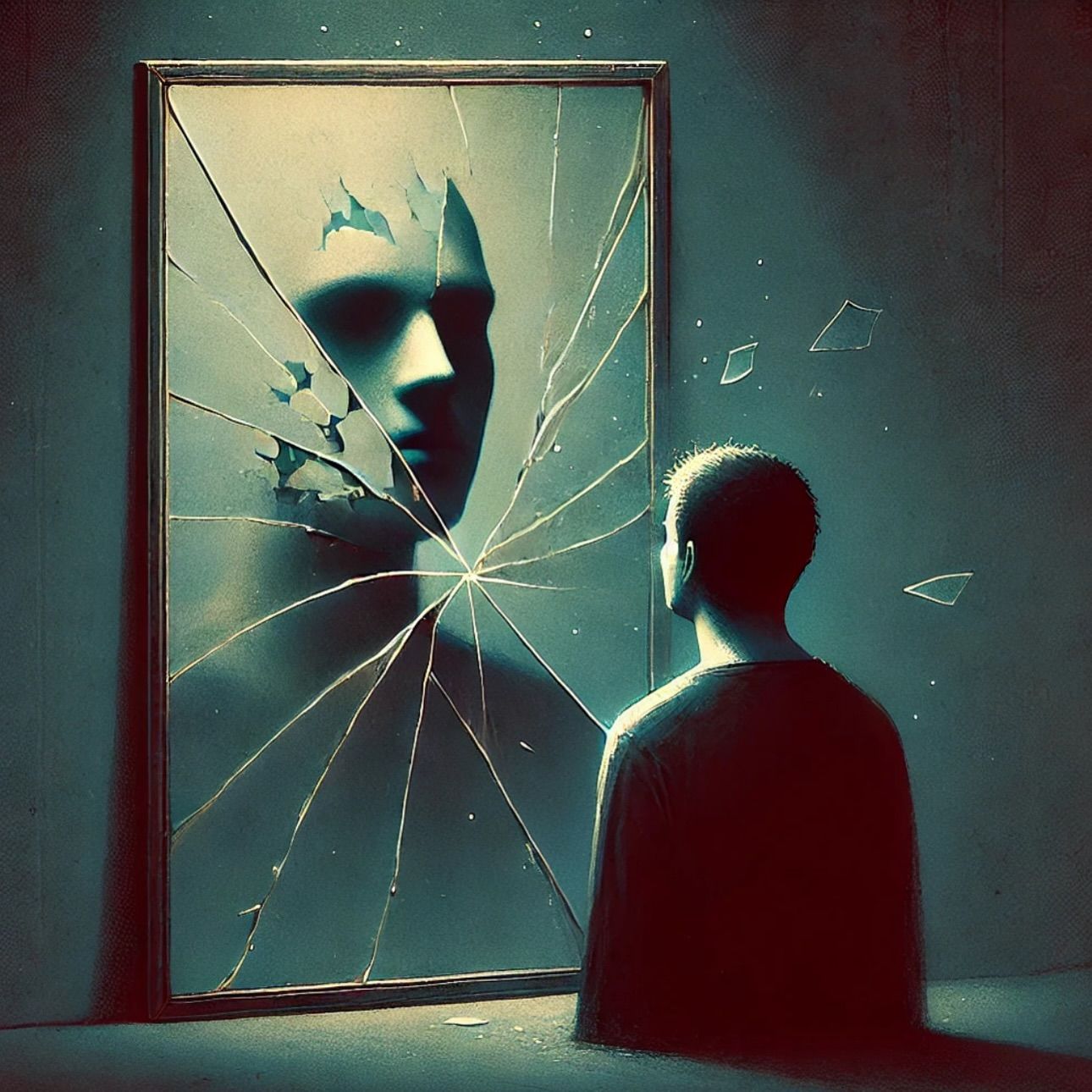 A man is looking at his reflection in a broken mirror