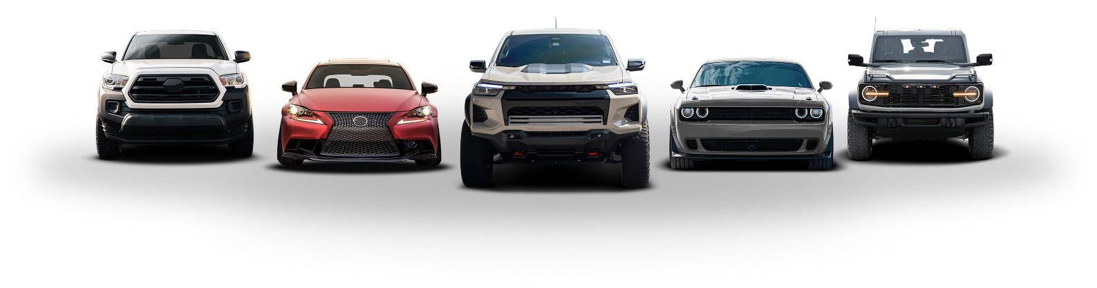 Five vehicles lined up in a row against a plain white background, including pickup trucks, a red car, and an SUV | Depot Auto Repair
