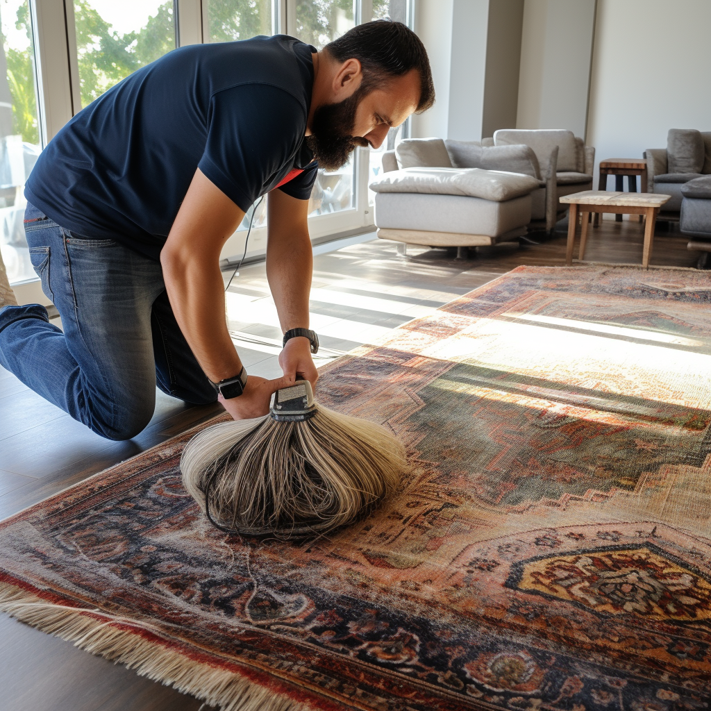 A man is cleaning a rug in a living room