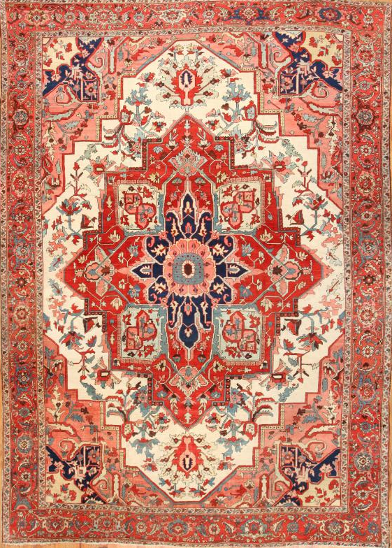 A red and white rug with a floral pattern on it.