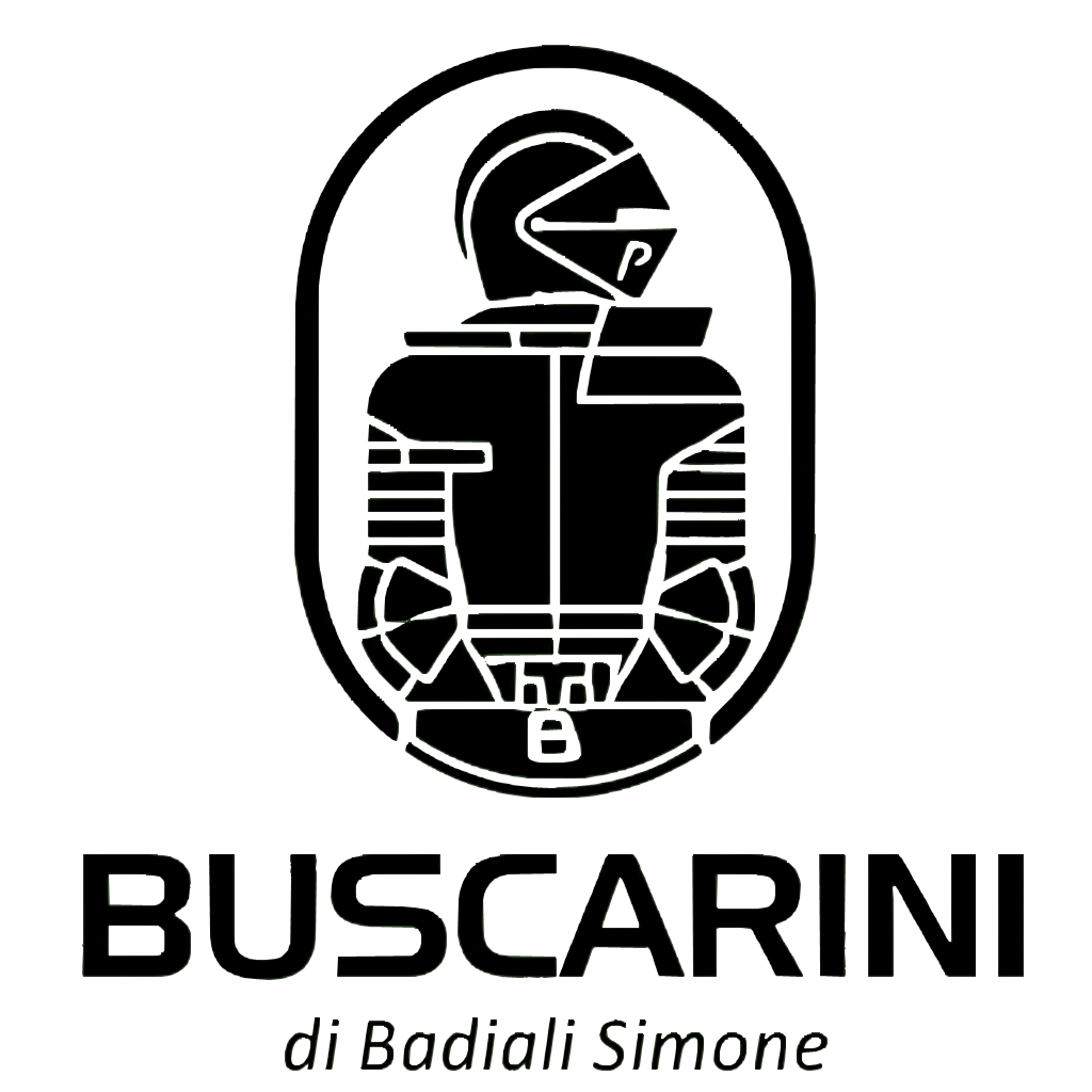 Logo Buscarini: sagoma di un cavaliere in armatura all'interno di un ovale nero, sopra il nome dell'azienda e lo slogan.