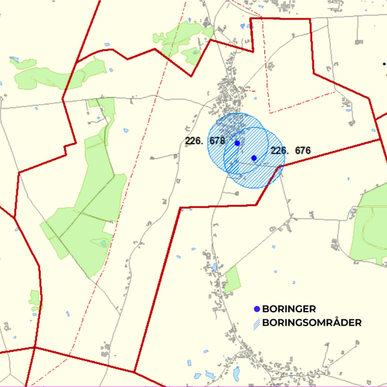 Et kort, der viser placeringen af ​​boringer og boringsomrader