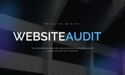 A poster for website audit with a building in the background