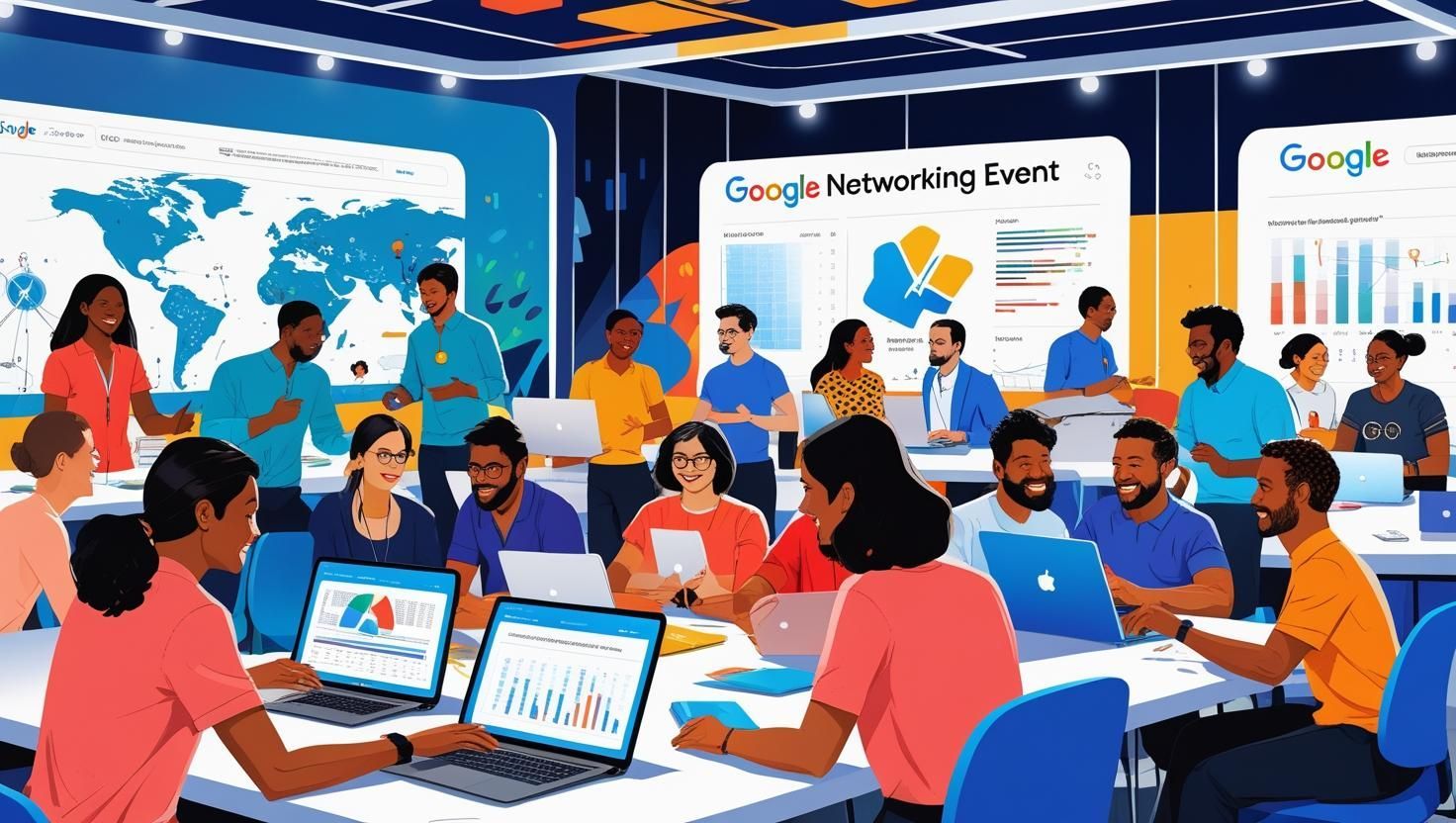 A group of people are sitting at tables with laptops in a room.