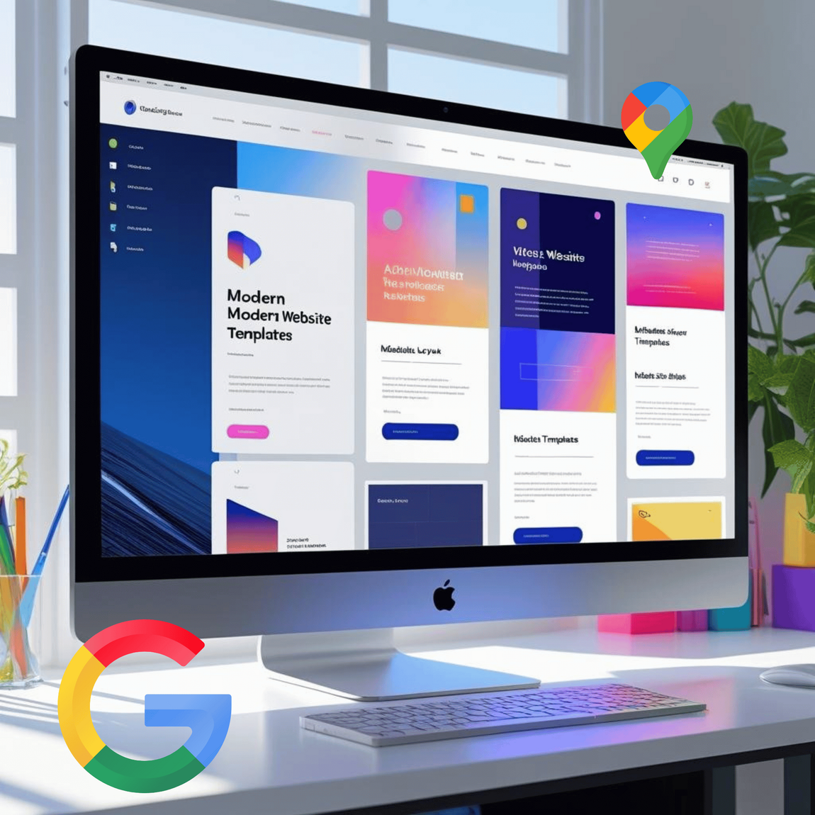 Macon web design computer is sitting on a desk next to a google logo.