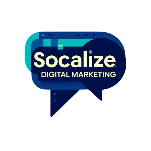 The logo for socalize digital marketing is a blue speech bubble.
