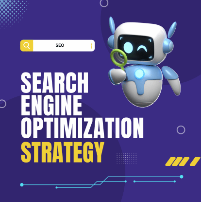 A robot is holding a magnifying glass and says search engine optimization strategy