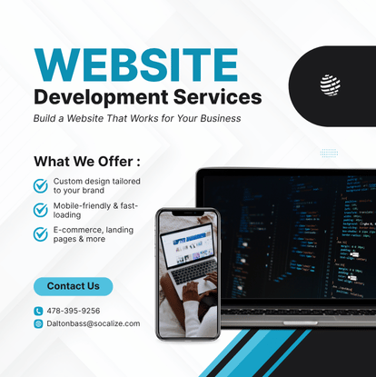 A poster for website development services with a laptop and cell phone
