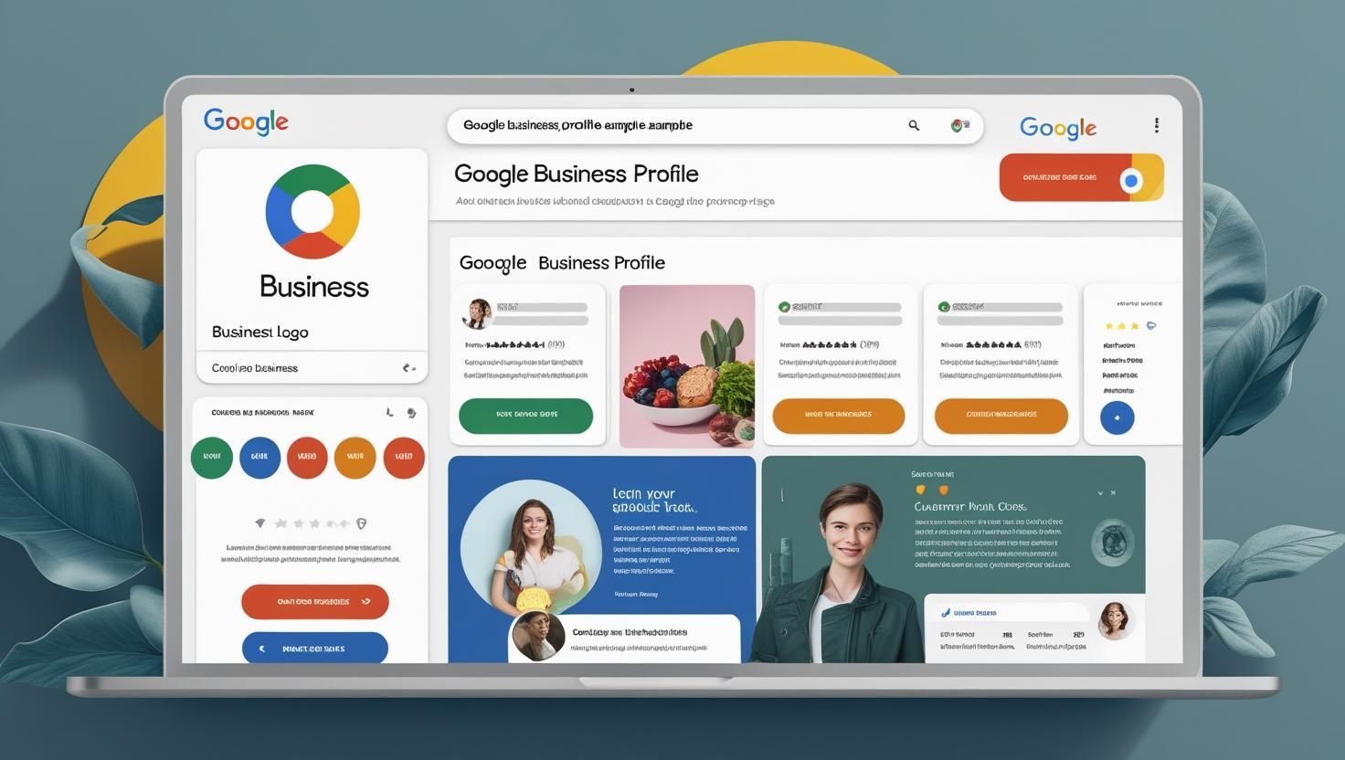 A laptop computer is open to a google business profile page.