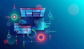 A laptop computer is surrounded by icons on a blue background. symbolizing Socalize a Digital marketing agency dedicated to developing and delivering responsive SEO friendly Web Design builds.