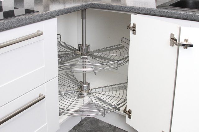 An example kitchen layout, with kitchen cupboards, worktops and appliances