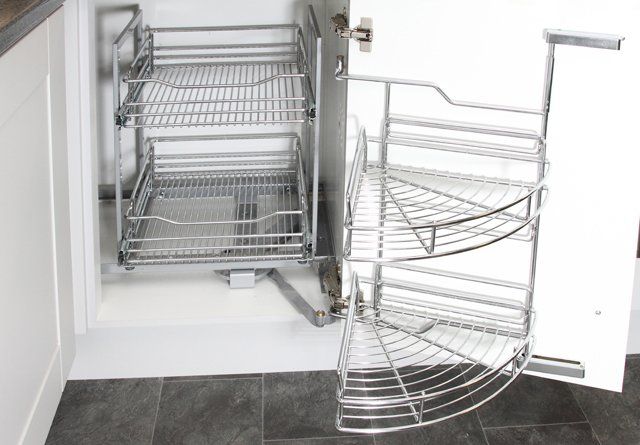 An example kitchen layout, with kitchen cupboards, worktops and appliances