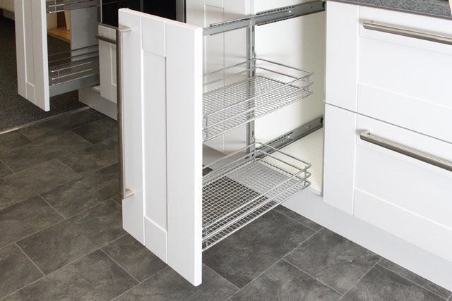 An example kitchen layout, with kitchen cupboards, worktops and appliances