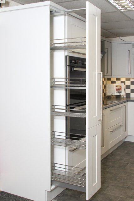 An example kitchen layout, with kitchen cupboards, worktops and appliances