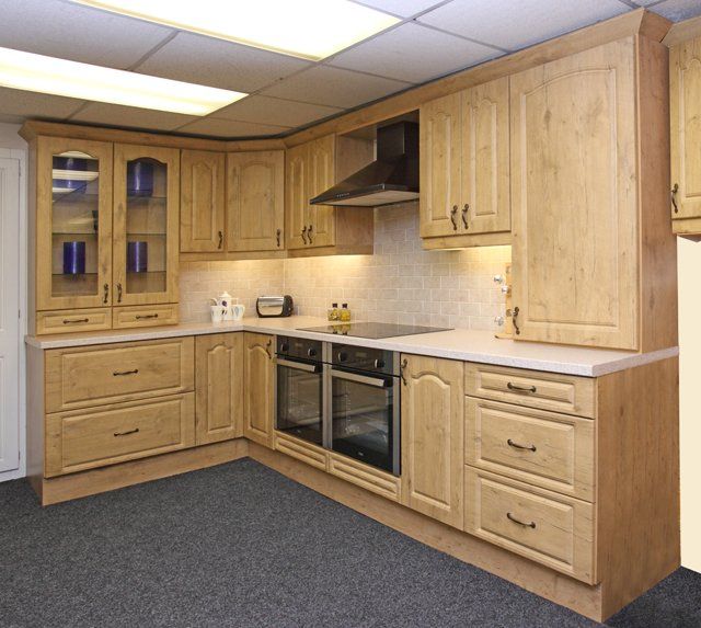 An example kitchen layout, with kitchen cupboards, worktops and appliances