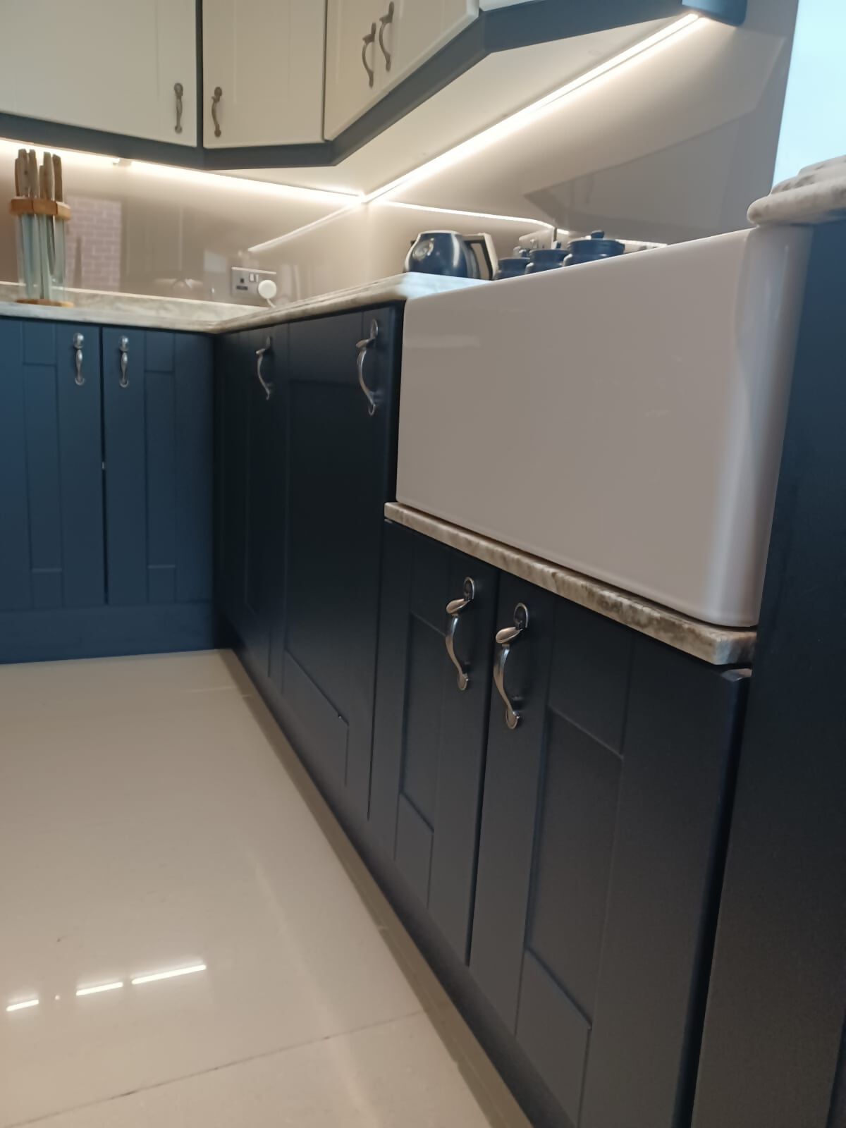 6 kitchen refurbishment ndigo blue wide  shaker with solid granite work surface 5