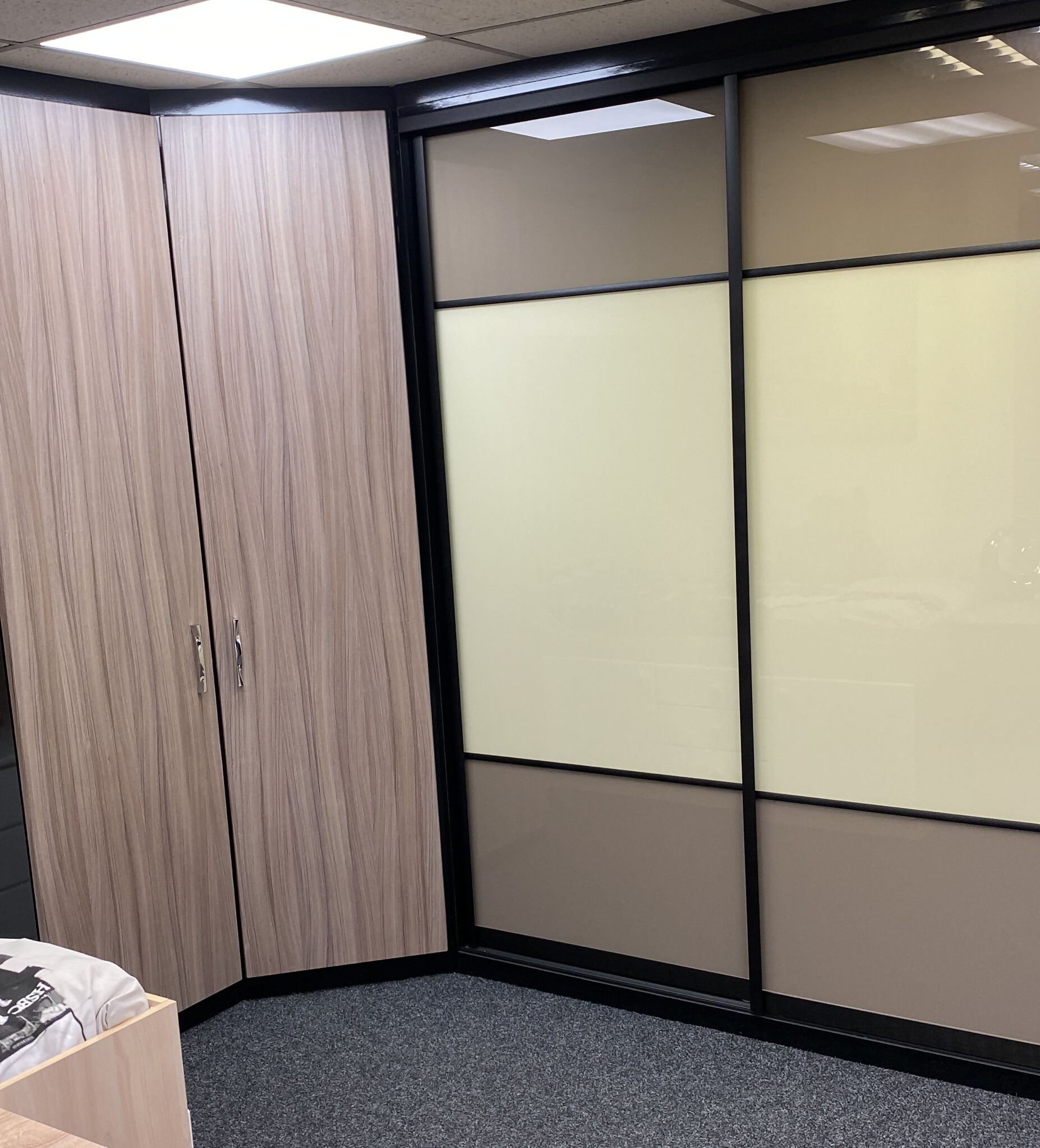 driftwood with black framed glass sliding doors 1