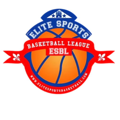 Logo for Elite Sports Basketball League: basketball in a red and blue emblem with website address.