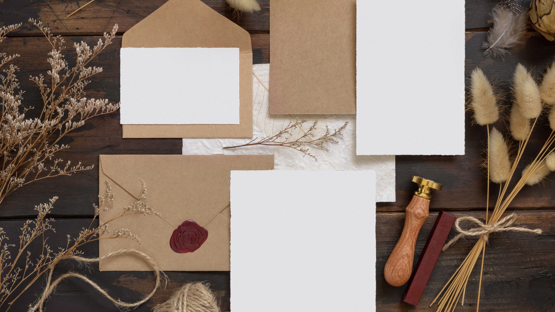 Stationery set with blank cards and envelopes, tied with string and wax seal, on wood.