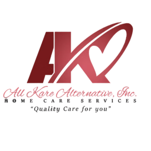 Logo for All Kare Alternative, Inc. featuring maroon "AK" with heart, text: Home Care Services. "Quality Care for you."