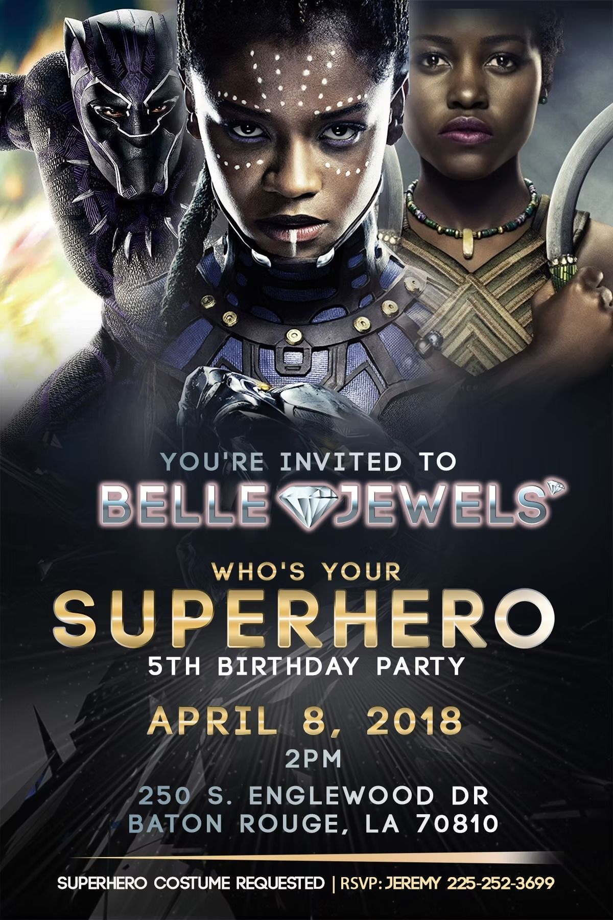 Black Panther-themed birthday party invitation. Featuring superhero images, text, date, time, and address.