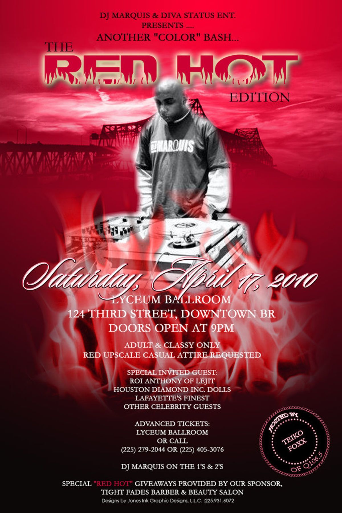 Red Hot Edition party poster with DJ, fire, and event details.