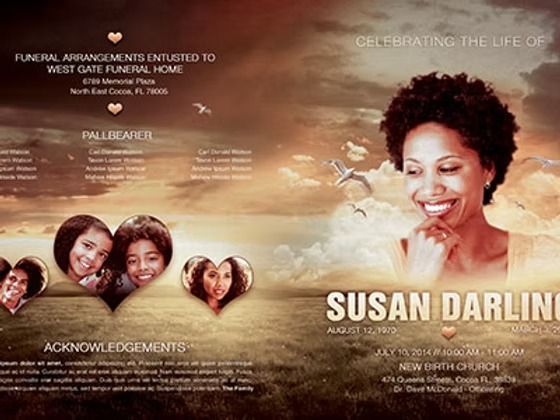 Funeral program for Susan Darling: smiling woman's photo with text, names, and dates, in a sunset landscape.