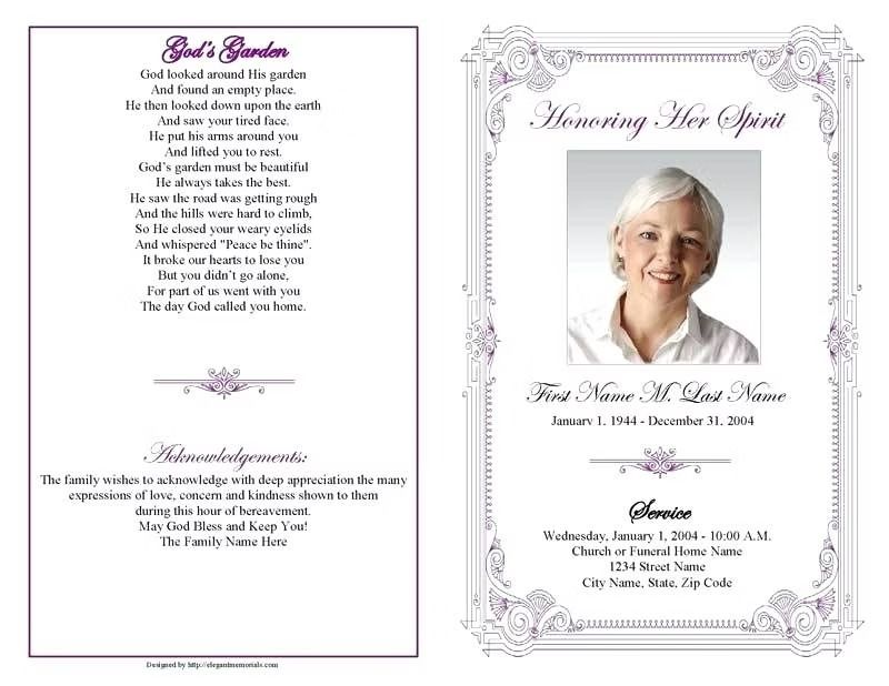 Funeral program with poem, photo of woman, details for service.
