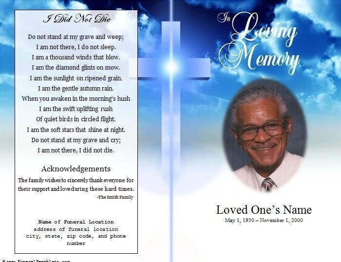Memorial card with a photo, poem, and cross graphic, blue tones.
