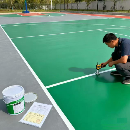 “Technician carefully marking straight white boundary lines on a green sport court during a court builder service in Henderson, NV”