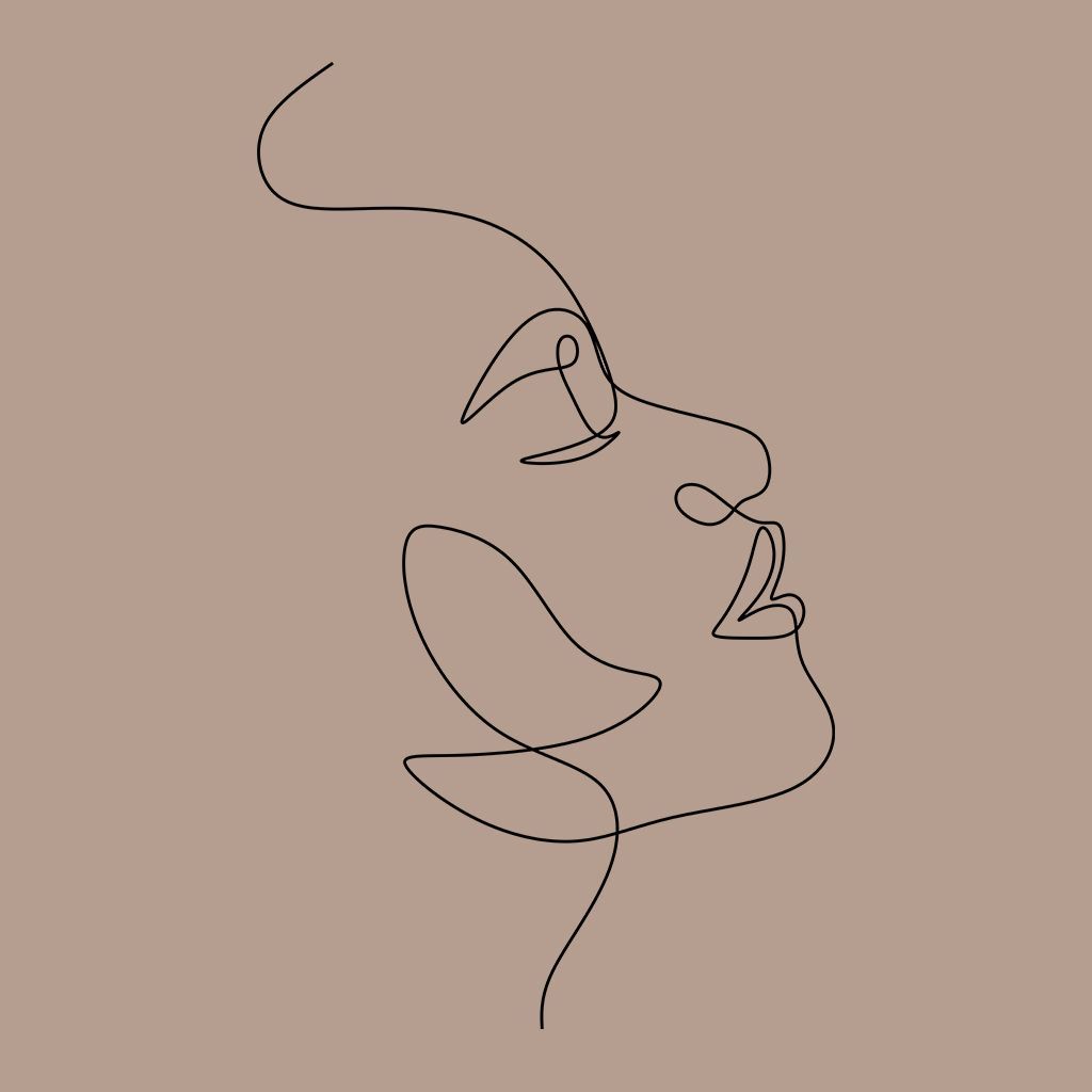 Eine durchgehende Strichzeichnung eines Frauengesichts auf braunem Hintergrund.