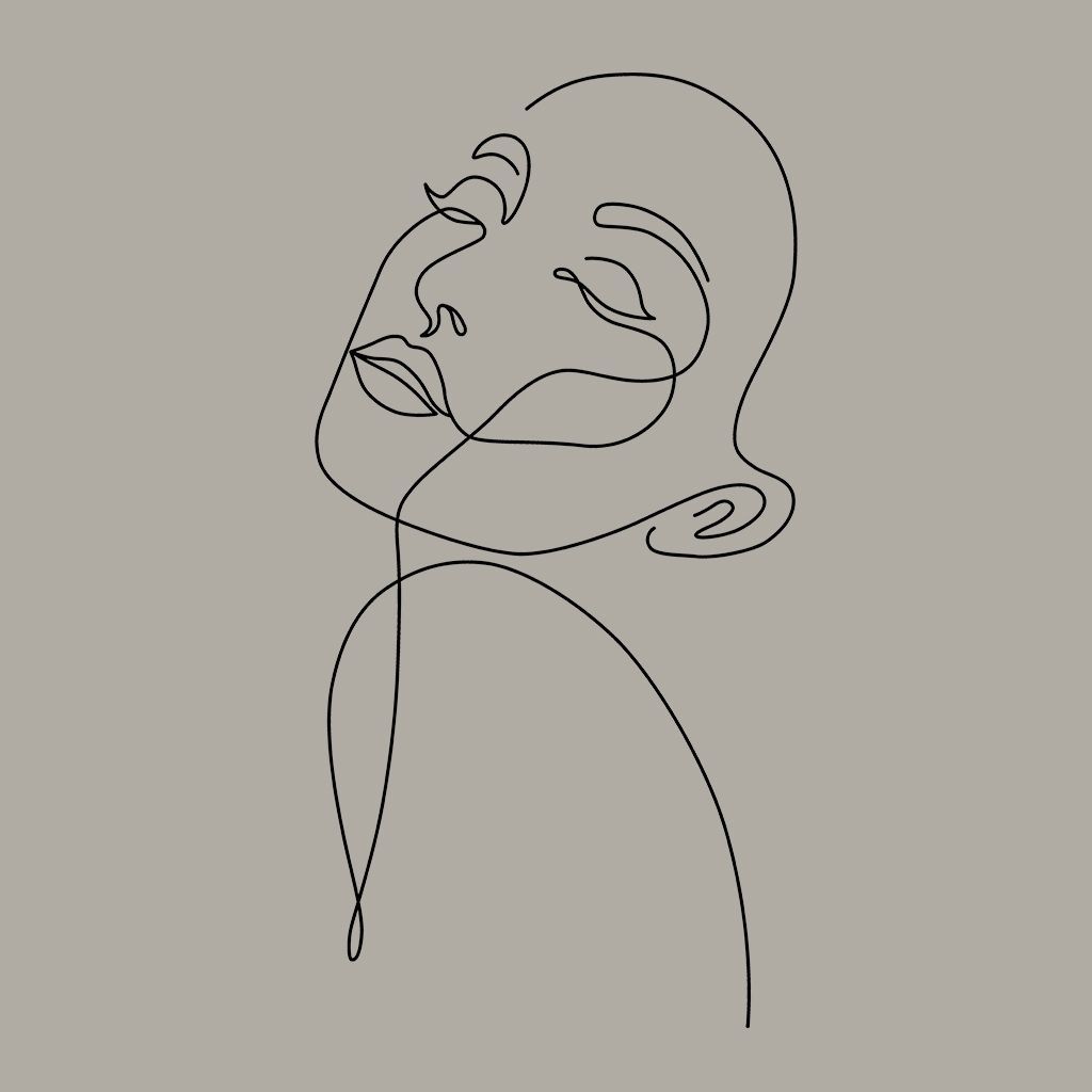 Eine durchgehende Strichzeichnung des Gesichts einer Frau mit geschlossenen Augen.