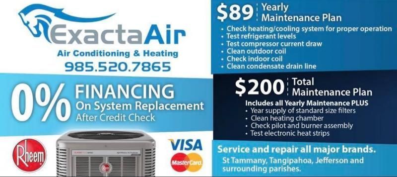 Exacta Air advertisement listing maintenance plans, 0% financing for system replacements, and service area details.