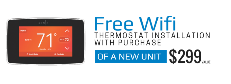 Promotional graphic offering free Wi-Fi thermostat installation (a $299 value) with the purchase of a new unit.