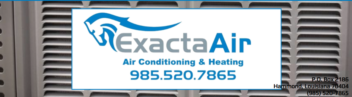 Logo for ExactaAir Air Conditioning & Heating featuring a horse icon, phone number 985.520.7865, over an AC vent grate.