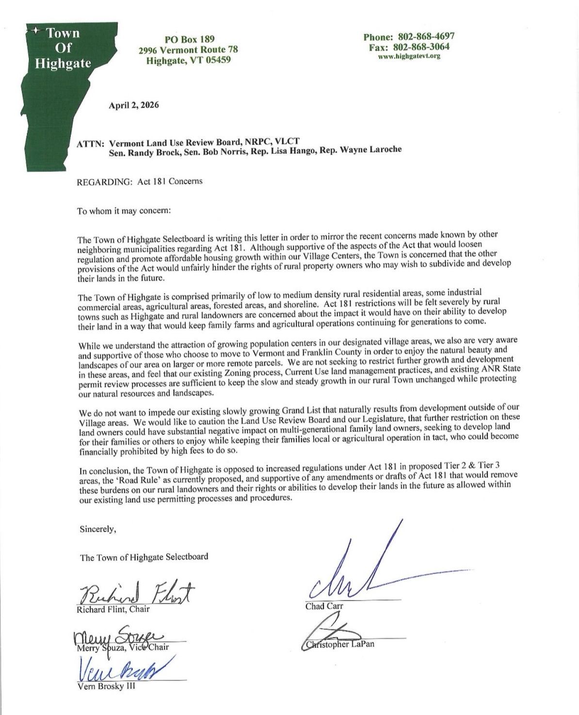 Town of Highgate VT says no to Act 181