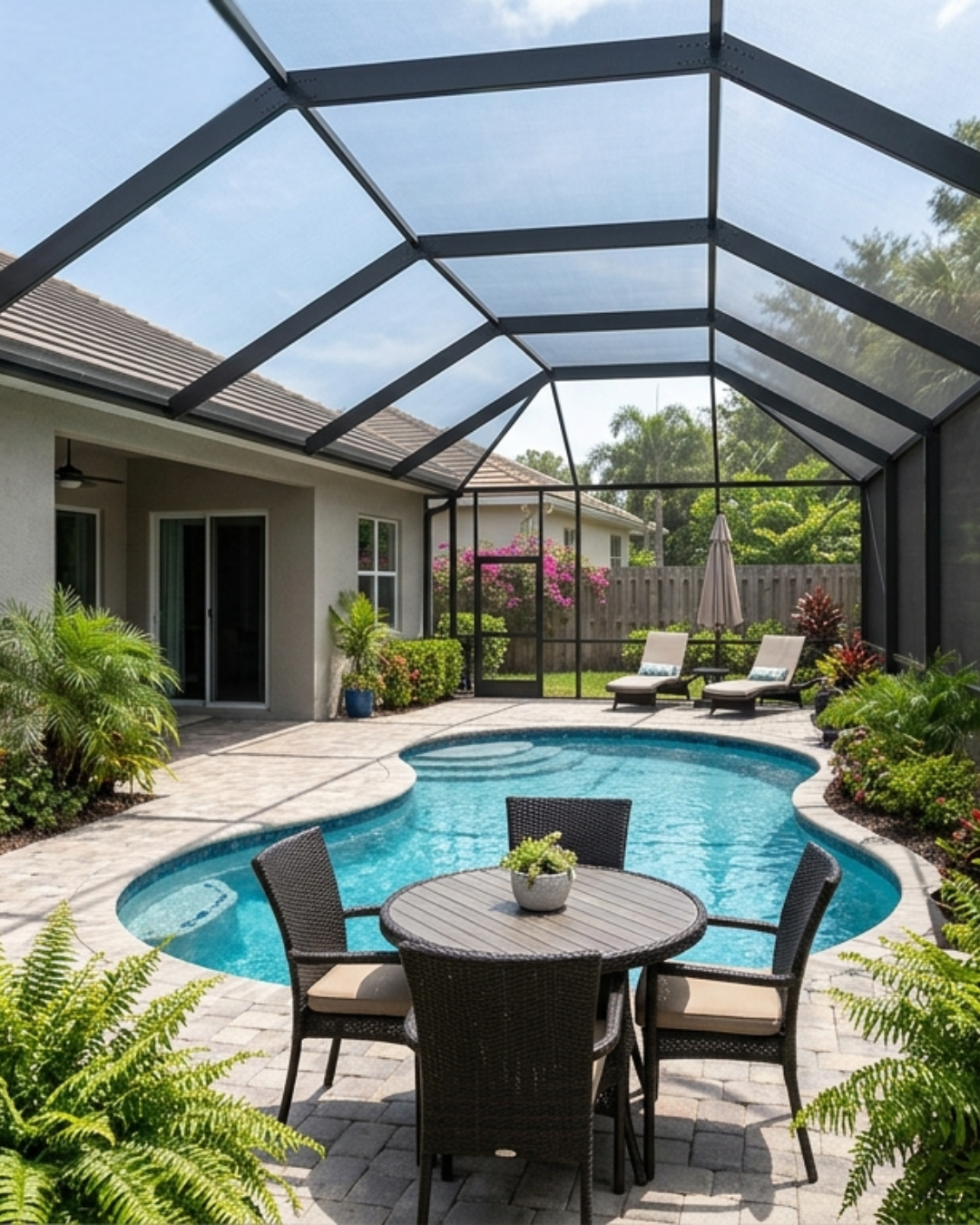 A wide, multi-colored stone paver driveway leading to a residential garage on a sunny day.