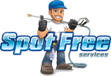 The logo for spot free services shows a man holding a high pressure washer.