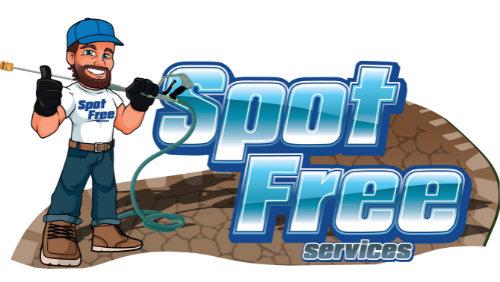 The logo for spot free services shows a man holding a high pressure washer.