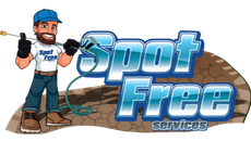 The logo for spot free services shows a man holding a high pressure washer.